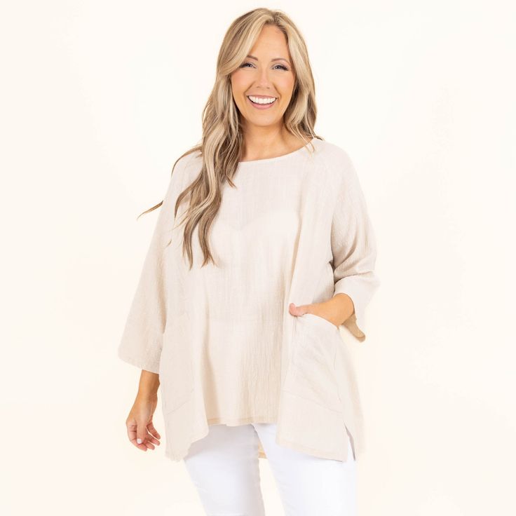 fb-feed Chic Tops With Pockets For Loungewear, Chic Loungewear Tops With Pockets, Neutral Tops For Spring Loungewear, Relaxed Beige Top For Layering, Neutral Spring Loungewear Tops, Versatile Everyday Beige Tops, Cream Linen Tops For Loungewear, Cream Linen Loungewear Tops, Chic Khaki Tops With Pockets