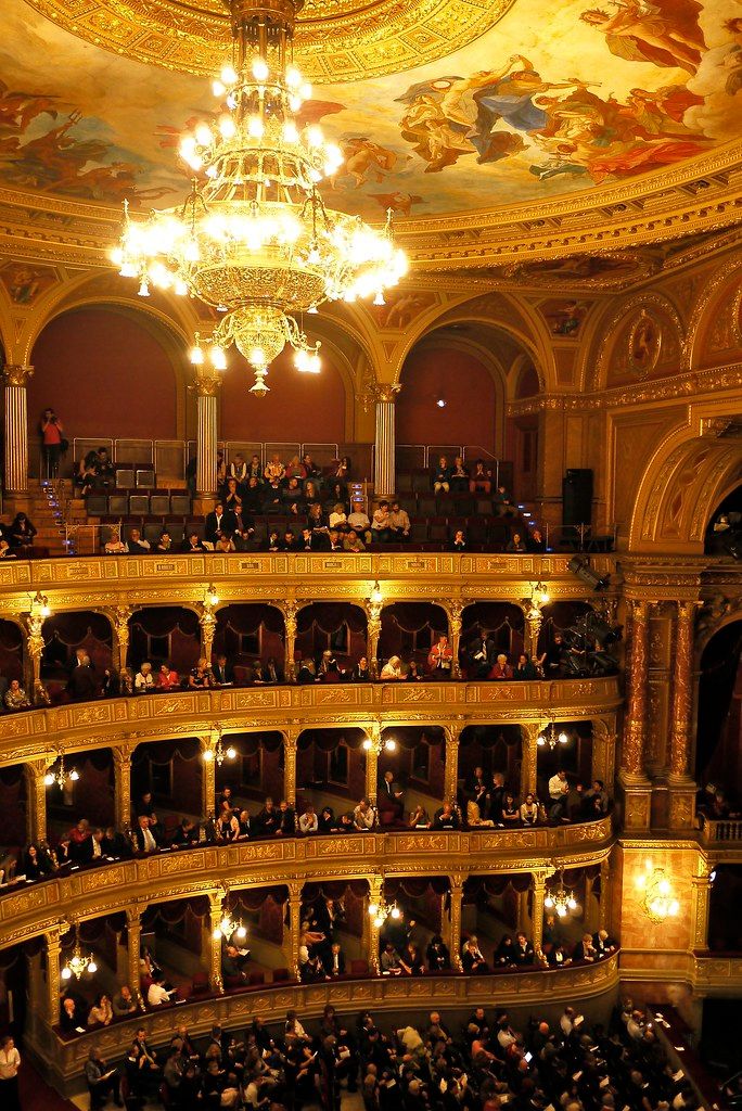 an auditorium filled with people and chandeliers