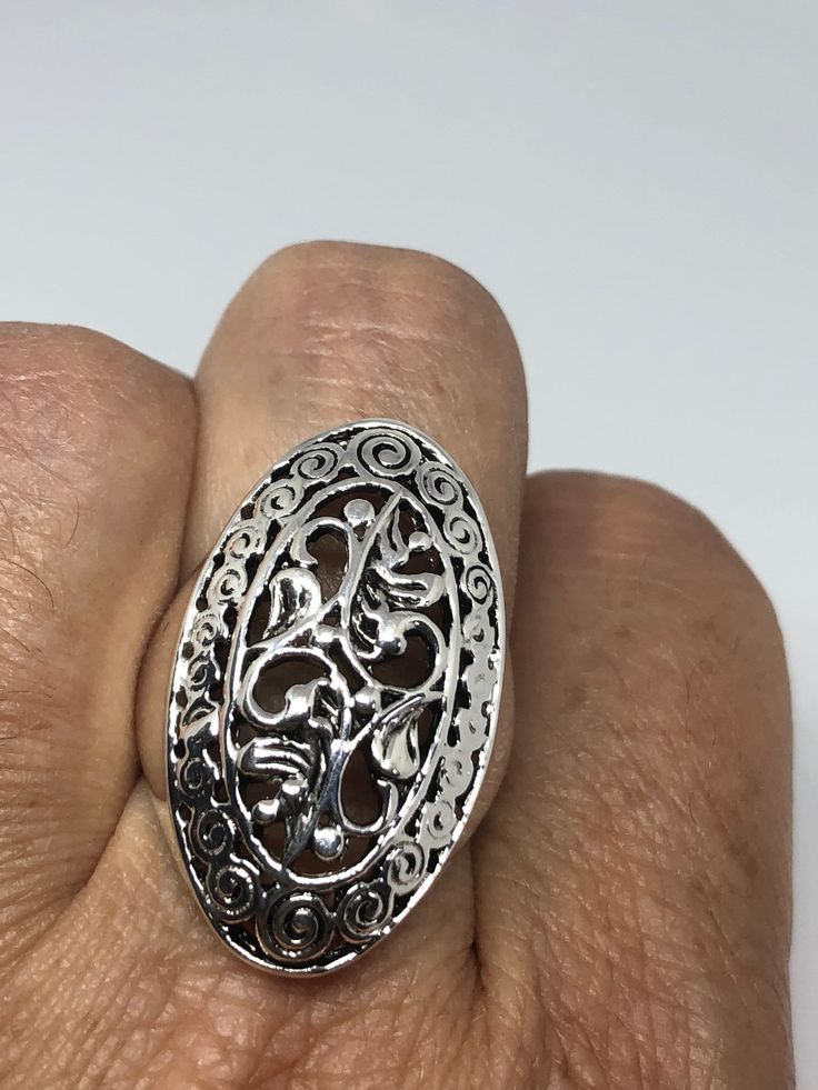 Silver Oval Etched Ring, Oval Silver Etched Ring, Etched Oval Silver Ring, Vintage Silver Flower Ring Stamped 925, Bohemian Silver Flower Ring Stamped 925, Vintage Sterling Silver Flower Ring With Intricate Design, Artisan Silver Engraved Oval Ring, Artisan Silver Oval Engraved Ring, Vintage 925 Silver Open Flower Ring