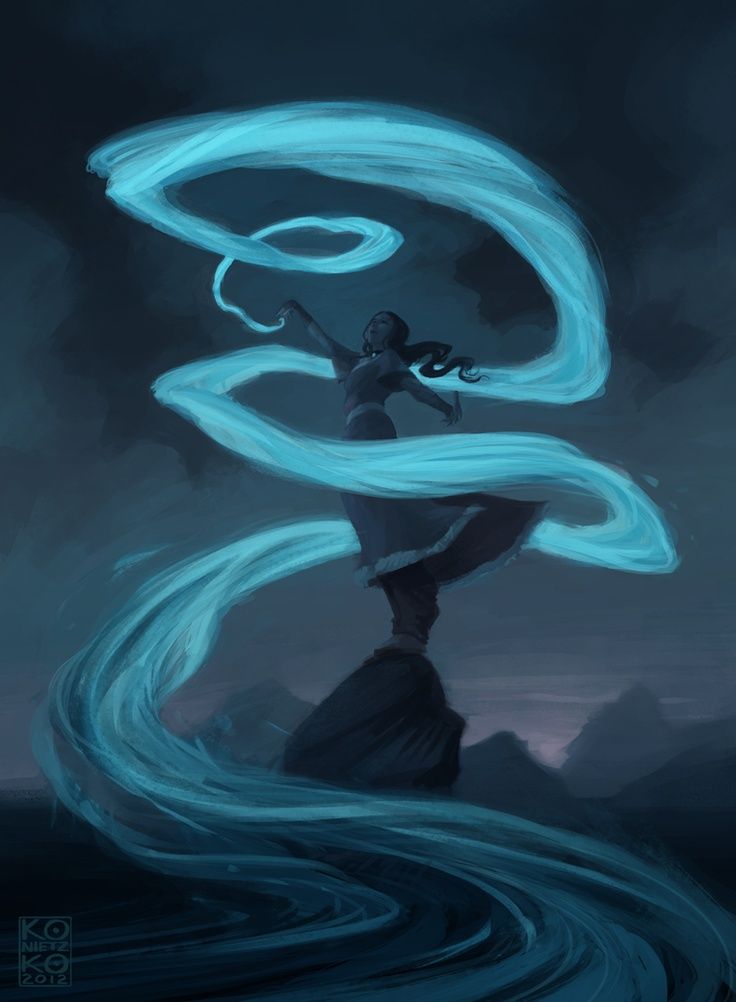 a painting of a woman with long blue hair holding a wand in her hand and flowing water around her