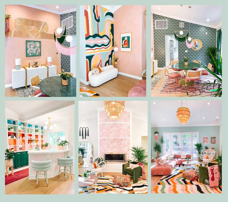 four different rooms with colorful furniture in them