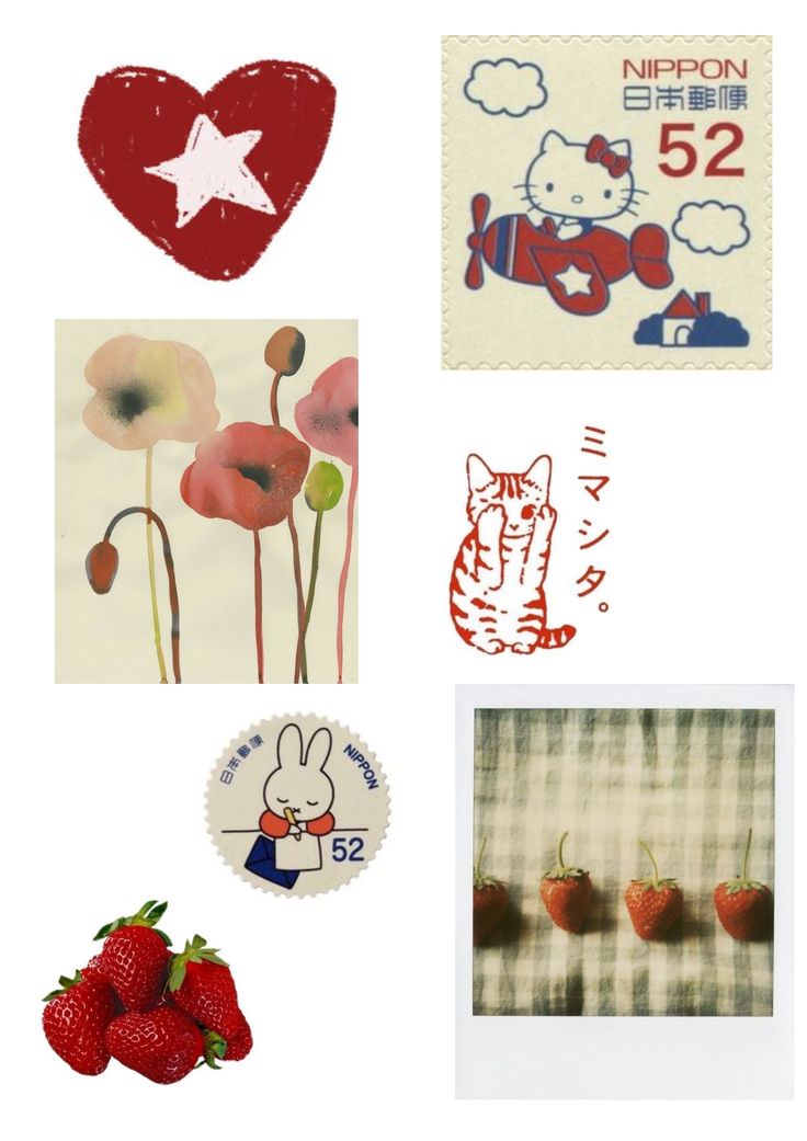 some stamps and pictures are arranged in the shape of hearts, flowers, and animals