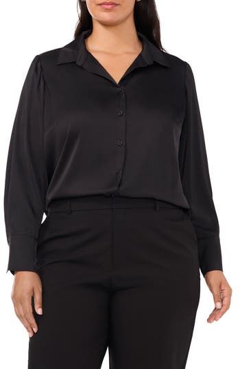 An open neck framed by a spread collar adds a relaxed element to this versatile button-up shirt sewn from luxurious satin. 28 1/2" length (size 2X) Front button closure Spread collar Long sleeves with button cuffs 100% polyester Machine wash, tumble dry Imported Semi-formal Satin Top With Button Closure, Semi-formal Sleek Collared Blouse, Classic Collared Satin Tops, Satin Spread Collar Top For Work, Semi-formal Button-up Satin Blouse, Semi-formal Satin Button-up Blouse, Satin Top With Spread Collar For Work, Satin Tops With Spread Collar For Workwear, Workwear Satin Top With Spread Collar