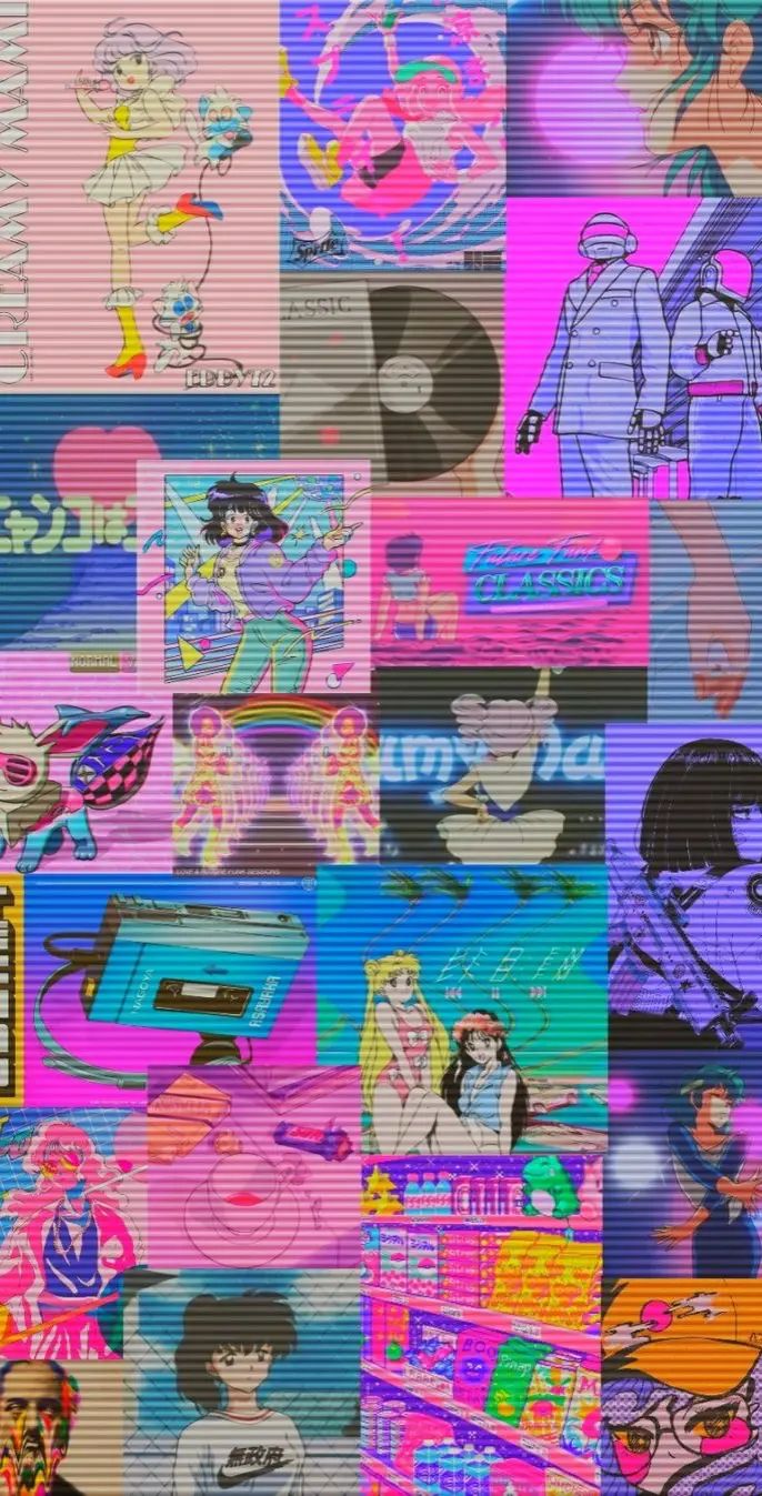 a collage of anime characters with different colors and designs on it's surface