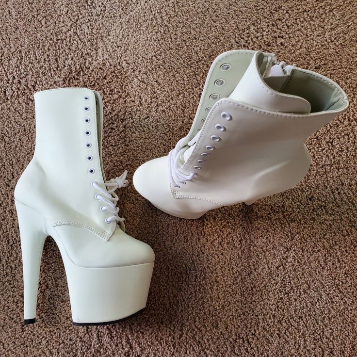 Bnwt!!! Only Wore To Try On. Such Unique Booties! Seriously In Love With These And Wish I Didn't Have To Sell Them. I Bought The Wrong Size And They Don't Fit Me...Wayyy Too Small :'( I'm A Size 5.5 And These Are True To Size. Only Recommend Purchasing If You're A True Size 4.5 Or 5. White High Ankle Fitted Heels, White Fitted High Ankle Heels, White Party Boots With Reinforced Heel, White High Ankle Synthetic Heels, White Synthetic Boots For Party, White High Ankle Boots For Party, White High Ankle Heels In Synthetic Material, White Synthetic Party Boots, White Platform Boots With Pointed Toe And Reinforced Heel