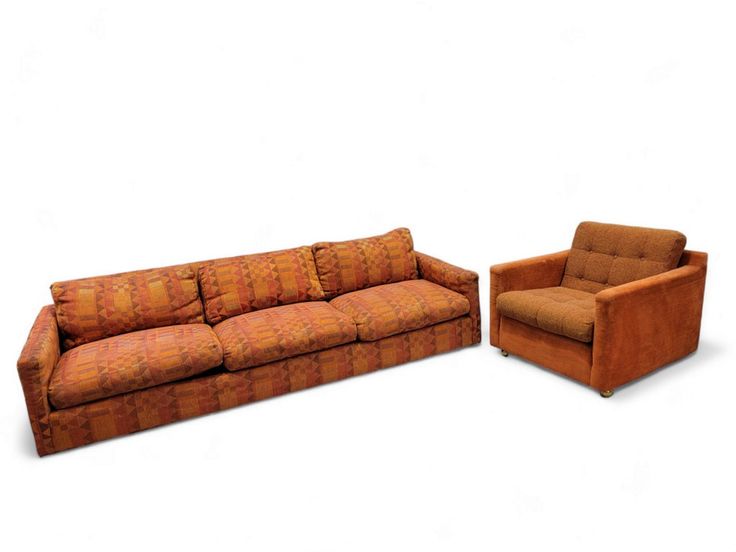 two couches and a chair sitting side by side on a white background with no one in it