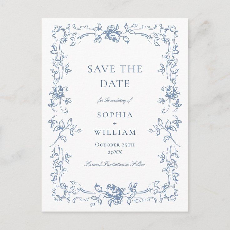 Elegant Blue French Toile Wedding Save the Date Toile Wedding, Map Wedding Invitation, Sunflower Wedding Invitations, Save The Date Postcard, French Toile, Save The Date Template, Blue French, Outdoor Wedding Decorations, Save The Date Postcards