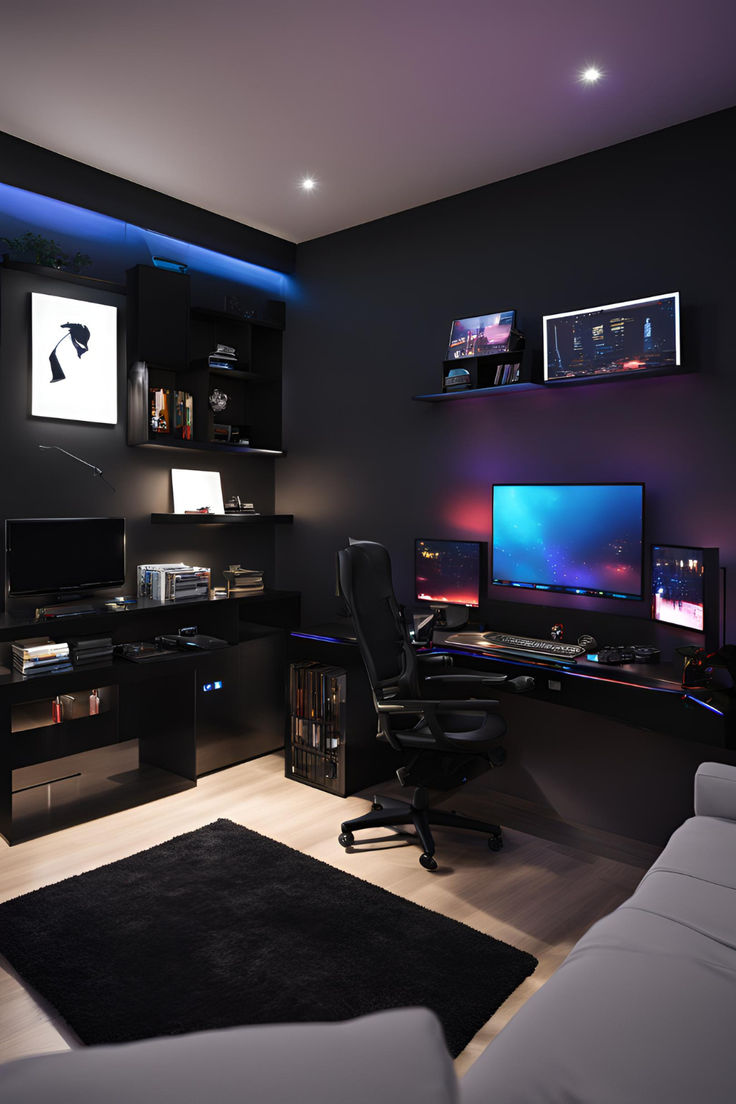 a living room filled with lots of black furniture