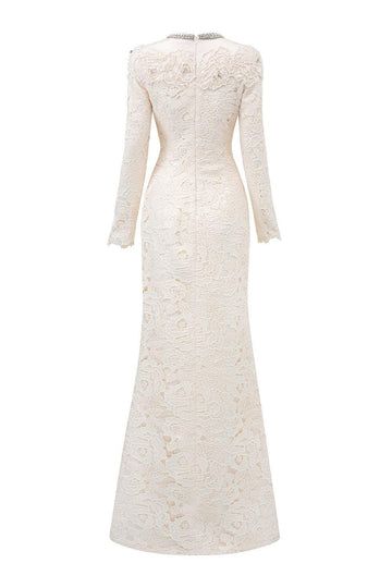 Monroe A-line Round Neck Silk Lace Floor Length Dress | MEAN BLVD Elegant A-line Dress With Delicate Lace, Fitted A-line Wedding Dress With Sweep Train, Fitted A-line Dress With Delicate Lace, Elegant A-line Wedding Dress With Sweep Train, Elegant A-line Lace Evening Dress, Formal A-line Lace Maxi Dress, A-line Scallop Lace Dress For Wedding Guest, A-line Lace Dress With Scalloped Lace For Wedding Guest, White A-line Lace Dress For Wedding Guest