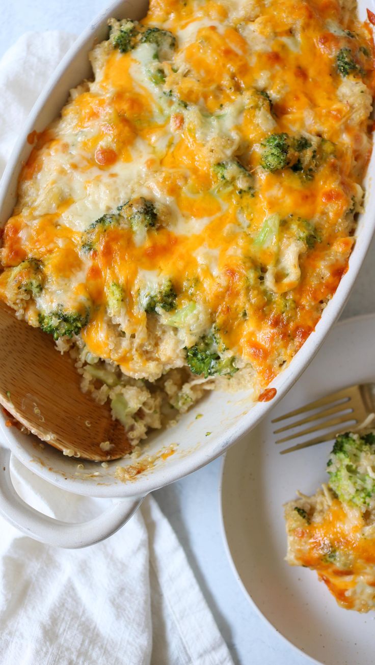 a casserole dish with broccoli and cheese in it on a plate