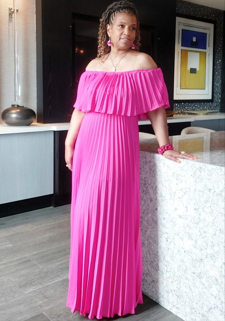 Off shoulder pleated dress, underlining with stretch. 100% polyester. Model is a size large wearing a size medium with 4 inch heels Model stats 5'4 height, 36C bust, 42.5 hips, 37 waist, 10/12 size Fitted Off-shoulder Lined Maxi Dress, Fitted Pink Maxi Dress With Pleated Back, Chic Lined Pleated Dress For Spring, Pink Pleated Dress With Pleated Bodice For Cocktail, Pink Pleated Bodice Dress For Cocktail, Pink Pleated Bodice Dress For Date Night, Pink Pleated Bodice Cocktail Dress, Summer Pink Dress With Pleated Back, Chic Stretch Dress With Pleated Skirt