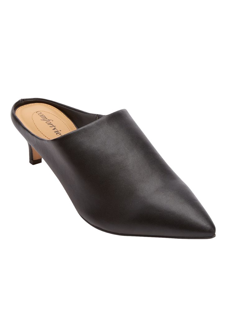 A smooth, supple leather-like upper distinguishes a streamlined mule in an ultra-stylish kitten heel silhouette. PS: There will be variations in print due to the individualistic nature of the pattern. Leather-like upperInside elastic gorePadded insoleFlexible, skid-resistant outsole1¾" stable kitten heel Leather-like mules available in full and half sizes 7-11, 12 M; 7-11, 12 W; 7-11, 12 WW | Women's The Camden Mule by Comfortview in Black (Size 7 M) Swedish Fashion, Swimsuits For All, Leather Shops, Kitten Heel, 7 11, Mules Shoes, New Shoes, Mule, Heeled Mules