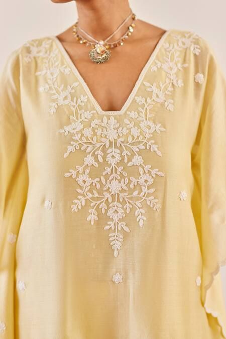 Buy Yellow Cotton Silk Embroidered Floral V Neck Zainaab Kurta Kaftan Set For Women by Amisha Kothari Online at Aza Fashions. V Neck Embroidery Design, Neck Embroidery Designs For Kurtis, Cording Embroidery Design, Kurti Designing, Kaftan Sleeves, Kaftan Set, V Neck Kaftan, Cord Embroidery, Neckline Pattern