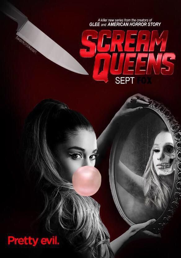 the poster for scream queens is shown with a girl holding a mirror and a knife