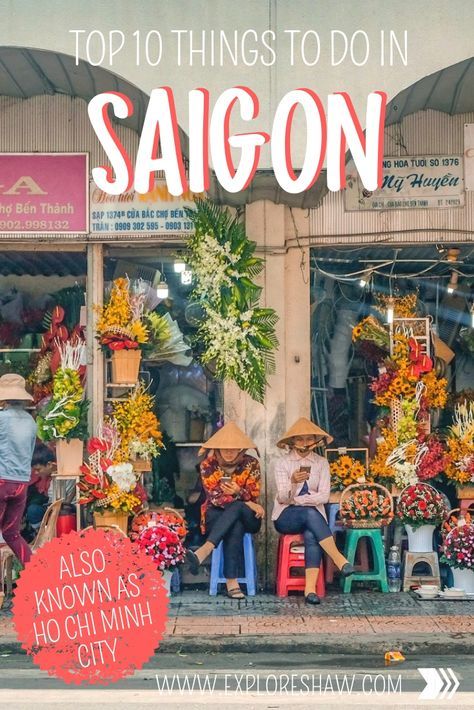 people sitting on chairs in front of a shop with the words top 10 things to do in saigon