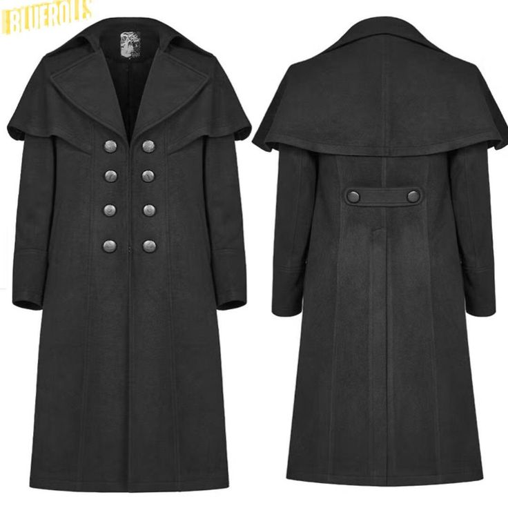 Exclusive Men's Coat Black Highwayman Jacket Gothic Steampunk Coat - Victorian Style - New men's Gothic/Steampunk style knee-length Highwayman coat Colors Available: Grey, Black Article Description : Introducing a remarkable new knee-length Highwayman coat for men in a Gothic/Steampunk style. Crafted from a luxurious black woolen-effect polyester blend, it embodies a Neo-Victorian Coachman-inspired design. The front fastens with four concealed metal hooks, complemented by four embossed faux leat Gothic Costume Outerwear For Winter, Gothic Black Outerwear With Button Closure, Gothic Winter Outerwear With Buttons, Punk Style Costume Outerwear With Buttons, Gothic Long Coat With Buttons, Punk Style Buttoned Outerwear For Costume, Steampunk Long Coat With Buttons, Gothic Winter Larp Outerwear, Steampunk Long Coat For Halloween