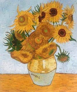 a painting of sunflowers in a vase on a table