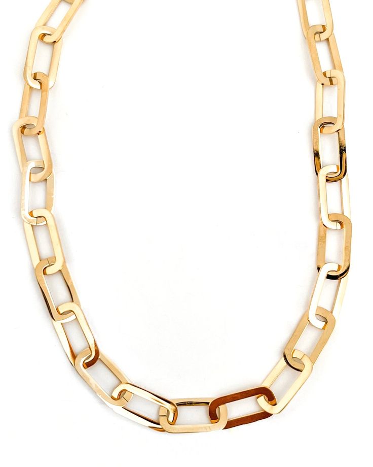 This Celia Paper Clip Chain Necklace is the perfect way to add a little extra to your look. The 18k gold necklace is tarnish resistant. It's the perfect accessory to elevate your everyday style. Length: 16" + 2" extender chain Waterproof Tarnish resistant 18K Gold plated stainless steel Hypoallergenic Trendy Yellow Gold Necklaces With Rectangular Links, Trendy Yellow Gold Necklace With Rectangular Links, Trendy Gold-tone Tarnish Resistant Chain Necklace, Gold-plated Rectangular Chain Necklace With Adjustable Chain, Chic Gold-tone Tarnish-resistant Chain Necklace, Chic Gold Rectangular Chain Necklace, Chic Rectangular Gold Chain Necklace, Trendy Gold Tarnish-resistant Chain Necklace, Trendy Gold Plated Tarnish Resistant Chain Necklace