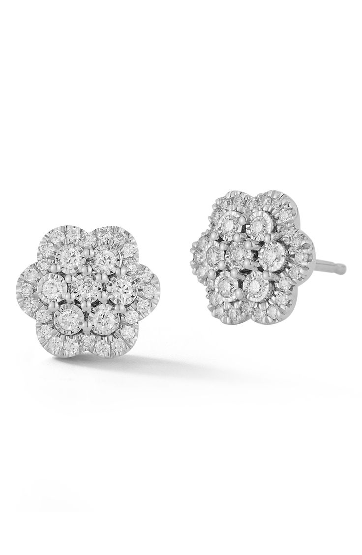 A floral-inspired design illuminated with glittering diamonds defines these elegant 14-karat-gold stud earrings. Post back Total diamond weight: 0.33ct Color: G–H Clarity: SI Diamond/14k-gold Imported >Diamond Guide Luxury Flower Shaped Cluster Earrings For Formal Occasions, Luxury Flower Shaped Cluster Earrings For Formal Events, Luxury Flower-shaped Cluster Earrings For Formal Occasions, Classic Diamond Earrings With Flower Shape For Formal Occasions, Formal Flower-shaped Diamond Earrings With Single Cut Diamonds, Dazzling Cluster Earrings With Diamond Accents, Formal Diamond Earrings With Flower Shape, Diamond Flower Shaped Earrings For Formal Occasions, Diamond Flower Shaped Earrings For Formal Events