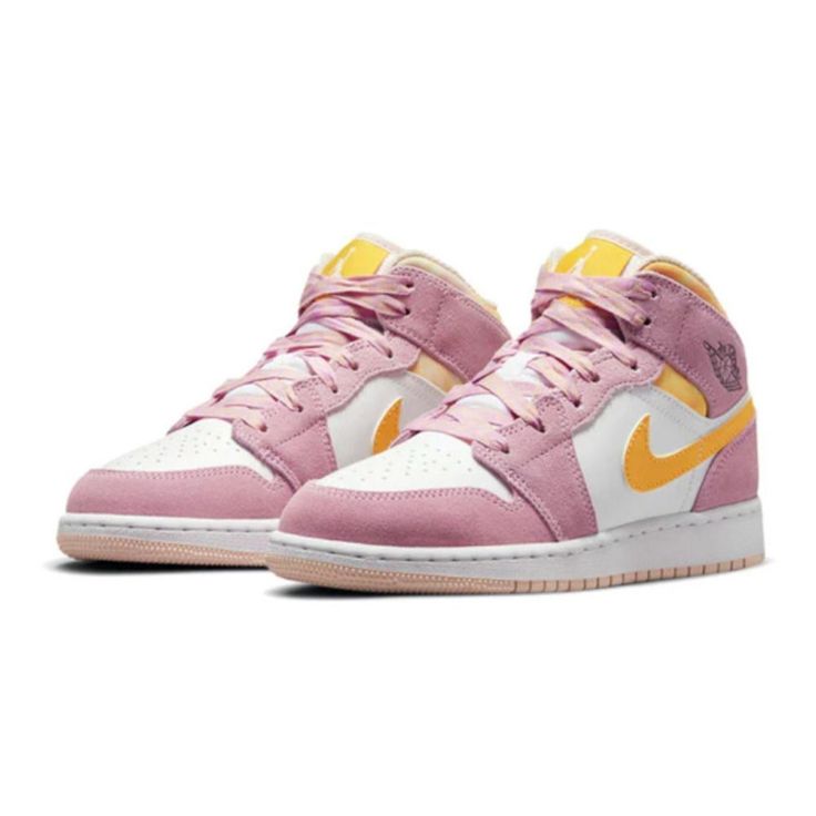 This Nike Air Jordan 1 Mid Sneaker Is A Must-Have For Any Young Athlete Or Fashion-Conscious Kid. The Shoe Features A Mid-Top Design With A Pink Leather Upper And Lace-Up Closure For A Secure Fit. The Nike Air Technology Provides Comfort And Support, Making It Perfect For Basketball Or Any Other Athletic Activity. The Sneaker Also Includes Accents Like The Nike Logo And Solid Pattern For A Stylish Touch. With Its Unisex Design, This Shoe Is A Great Option For Both Boys And Girls. Add This To You Black And White Flip Flops, Nike Slide Sandals, Nike Sandals, Nike Air Jordan 1 Mid, Young Athletes, Nikes Girl, Nike Air Jordan 1, Grey Sneakers, Air Jordan 1 Mid