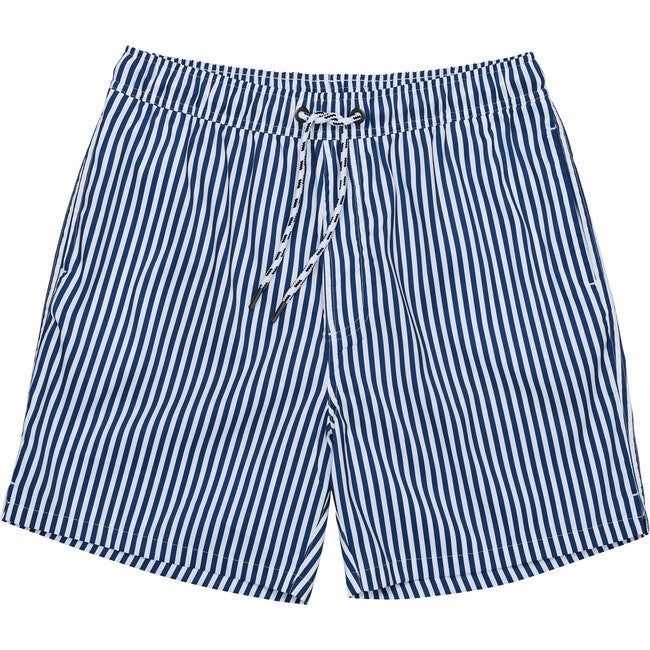 Hitting the waves, playing beach volleyball, or just lounging in the sun? Our new comfort lined men's swim shorts are just the thing for any activity. Featuring our new built in knit liner with maximum stretch for all day comfort. You'll bring a chic nautical vibe to your family's summer look in these denim blue and white stripes. Full brief liner for extra comfort Inseam length (inches): Size S = 5.5, Size M = 6, Size L = 6.5, Size XL = 7 Side pockets and back zip pocket UPF50+ sun protection | Beachy Swim Trunks For Summer, Beachy Swim Trunks For Summer Poolside, Beachy Swim Trunks For Poolside In Summer, Beachy Swim Trunks For Poolside Summer, Casual Swim Trunks For Pool In Warm Weather, Cotton Swim Trunks For Warm Weather Vacation, Cotton Swim Trunks For Poolside And Beach Season, Beachwear Swim Trunks With Upf 50+ For Summer, Casual Swim Trunks For Summer Pool