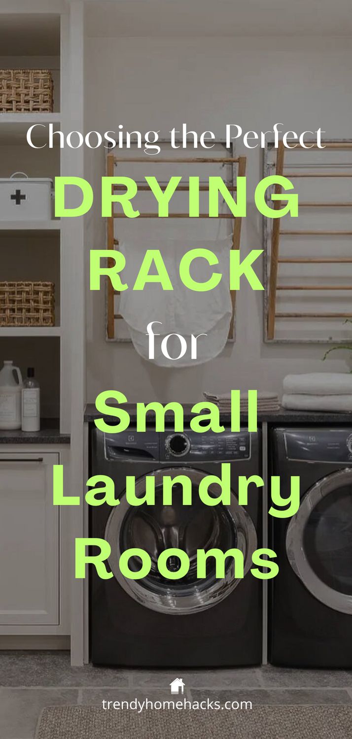 Choosing Drying Rack for Small Laundry Rooms Pinterest Pin caption with a background of a laundry room with wall drying racks installed. Small Drying Room, Dry Flat Laundry, Laundry Room Ideas For Hanging Clothes, Laundry Racks Ideas, Hanging Wet Clothes In Laundry Room, Laundry Room Air Dry, Small Laundry Room With Drying Rack, Laundry Room Hanging Rack Ideas, Small Laundry Drying Rack Ideas