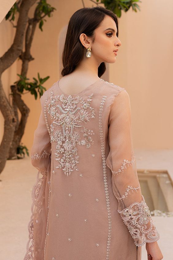 Embellished Kameez and Trousers Pakistani Wedding Dress is an elegant attire that will give you a head-turning look on the big day. Embroidery and graceful details of threads make this masterpiece an epitome of beauty and grace. Pakistani Kameez: The kameez is an embellished attire adorned with pearls, stones, and motifs. Graceful silverwork and embroidery make this kameez a perfect choice to pair with trousers. Threads and beautiful work of sequins give a perfect finishing look to the kameez. K Pakistani Kameez, Fancy Dress Material, Partywear Dresses, Latest Bridal Dresses, Pakistani Wedding Dress, Beautiful Pakistani Dresses, Elegant Attire, Embroidery Suits Design, Pakistani Wedding Dresses