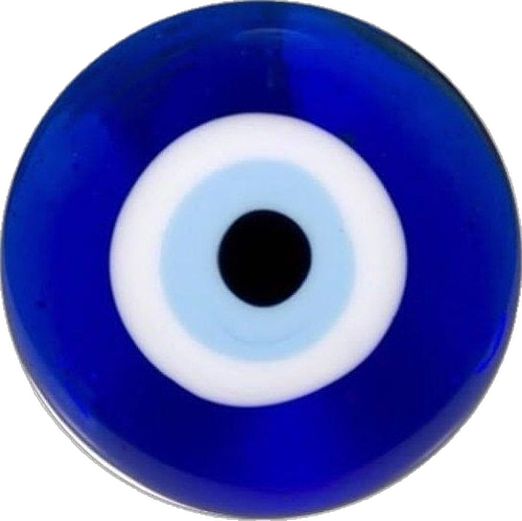 a blue glass eyeball with white and black center, on a white background for use as an ornament