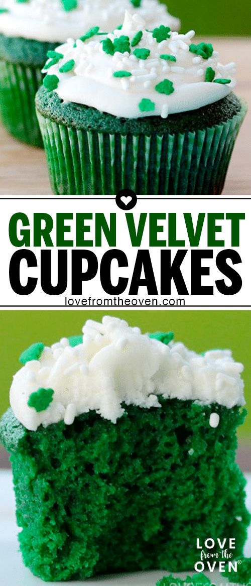 green velvet cupcakes with white frosting and sprinkles