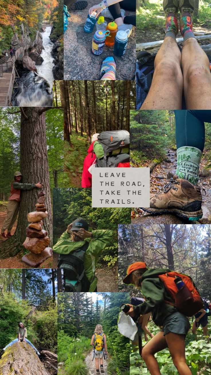 a collage of hikers hiking in the woods with backpacks and water bottles