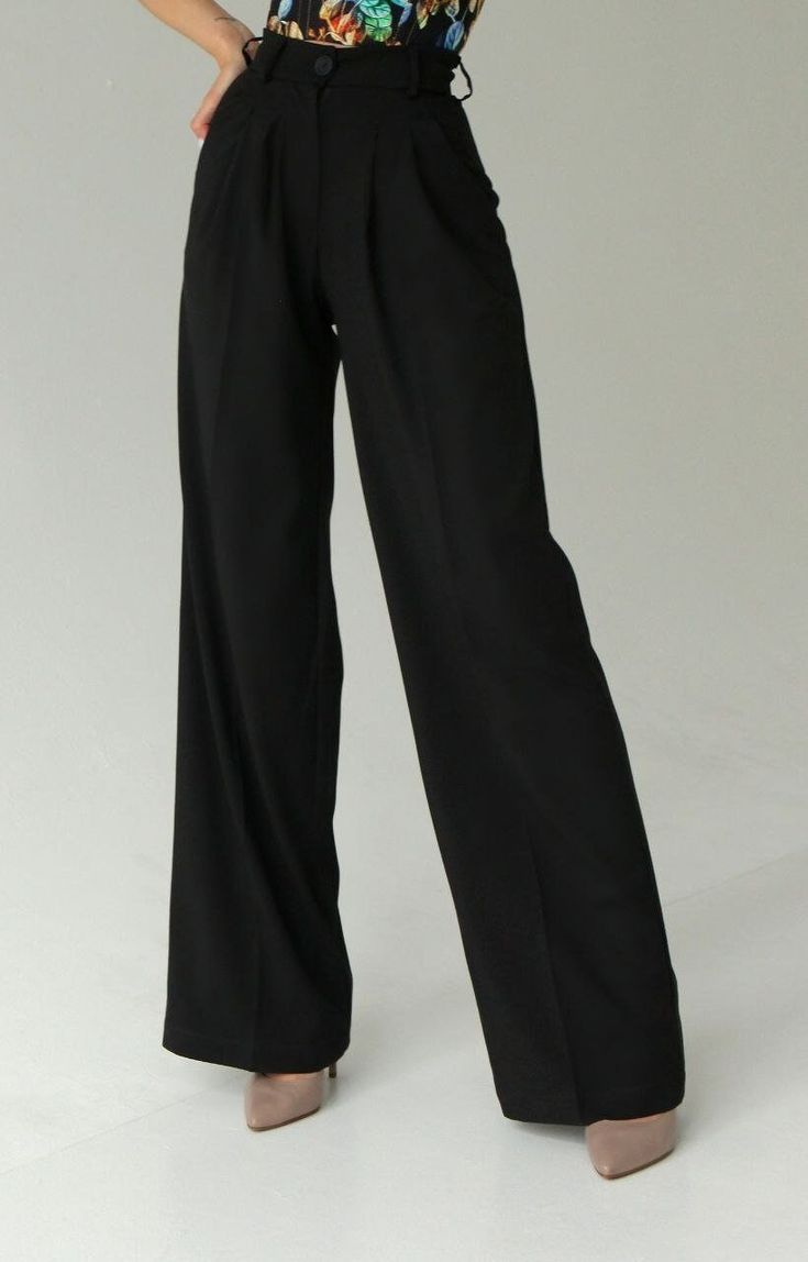 "Trousers \"palazzo\".  Elegant fabric premium. Perfect black colour. Classic high-waist palazzo pants. It has two folds on the front. High-quality and beautiful costume fabric, plastic and elegant. It has side pockets. We will sew white or black color to order.  Made to order, please enter your measurements in the personalization section. We need your waist, hips and desired trousers length measurements, please enter them in the personalization section . It is also possible to sew in small whol High Waist Black Wide Leg Pants For Office, Black Wide Leg Full Length Pants For Office, Black Full Length Wide Leg Pants For Office, Office Wide Leg Black Pants, Black Wide Leg Office Pants, Classic High-waisted Wide Leg Party Pants, Classic High-waisted Wide Leg Pants For Party, Formal Black Wide-leg Dress Pants, Classic Black Wide Leg Evening Pants