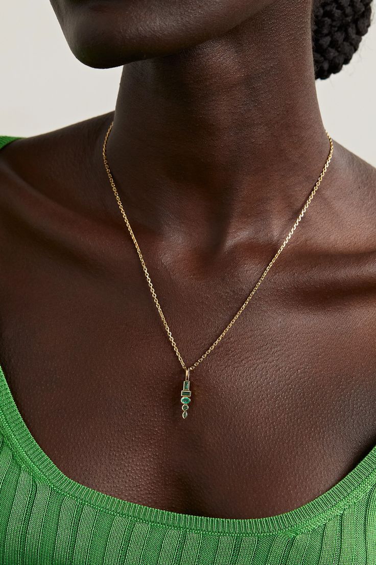 Sorellina's pieces are inspired by vintage heirlooms, which makes them perfect for passing down through the generations. Crafted from 18-karat gold, this necklace is set with a 'Totem' of glowing emeralds in various cuts. Wear it as an opulent set with the matching earrings. Elegant 14k Gold Emerald Necklace With Delicate Chain, Fine Jewelry: Yellow Gold Emerald Necklace With Delicate Chain, Fine Jewelry Yellow Gold-plated Emerald Necklace, Yellow Gold-plated Emerald Necklace Fine Jewelry, Yellow Gold-plated Emerald Necklace, Yellow Gold Plated Emerald Necklace, Fine Jewelry Brass Pendant Necklace, Green 14k Gold Jewelry With Single Cut Diamonds, Elegant Yellow Gold-plated Emerald Necklace