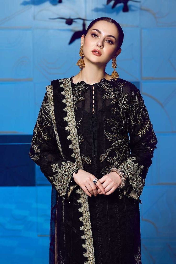 Latest Black Chiffon Party Wear Nameera By Farooq, Chiffon Party Dress, Pakistani Party Wear, Page 404, Long Kurti Designs, Party Dresses Online, Chiffon Collection, Black Chiffon, Beautiful Embroidery