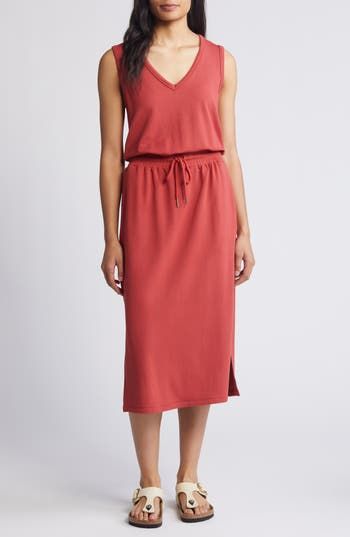 This incredibly versatile dress that pairs a blouson V-neck top with a drawstring midi skirt is perfect for the warm weather ahead. 46 1/2" length (size Medium) Slips on over head V-neck Sleeveless Elastic/drawstring waist Unlined 66% modal, 29% cotton, 5% spandex Machine wash, line dry Imported Rust Dress, Versatile Dress, Versatile Dresses, Knit Midi, Knit Midi Dress, Nordstrom Dresses, V Neck Tops, Warm Weather, Drawstring Waist