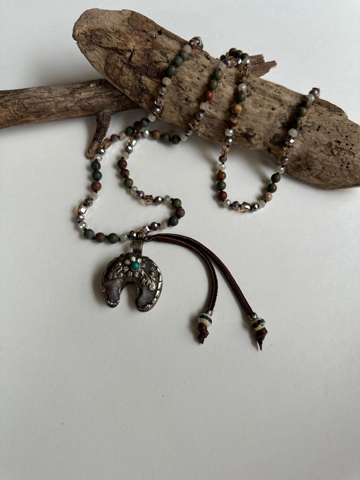 The Sierra Crescent Beaded Necklace - SpiritedBoutiques Boho Hippie Boutique Style General, Carol Sue Layering Style, Bohemian Style Clothing, Turquoise Accents, Necklace Layering, Layered Fashion, Statement Necklaces, Labradorite Pendant, Leather Tassel, Accessories Unique