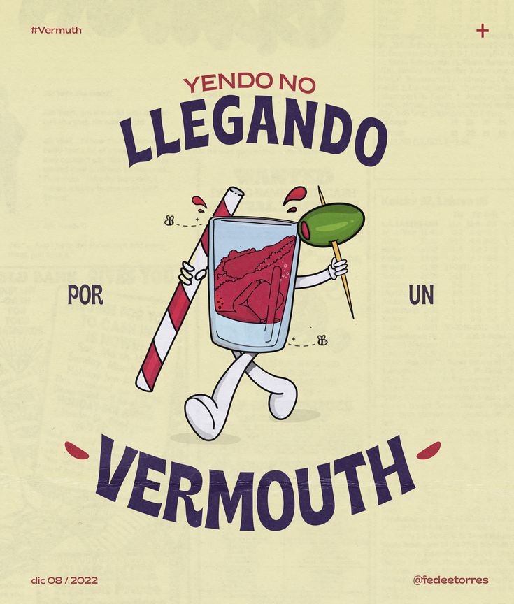 an advertisement for vermouth with a cartoon character holding a candy cane in it's hand