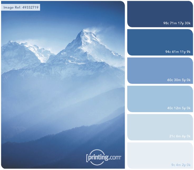 a blue color palette with mountains in the background