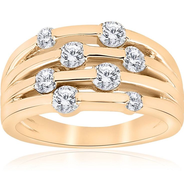 This fashionable ring a must for any Jewelry Collection. The bright polished band measures 11mm on top and tapers to 4mm wide. The wmoens ring features eight round brilliant cut genuine diamonds scatted two on each row. Multi rows give the ring a unique and wider look. The ring has also has different size diamond channel tension set in solid 14k high polished yellow gold. Black Diamond Solitaire, Hand Rings, Right Hand Ring, Yellow Gold Diamond Ring, Right Hand Rings, April Birthstone, Hand Ring, Pompeii, Diamond Solitaire Engagement Ring