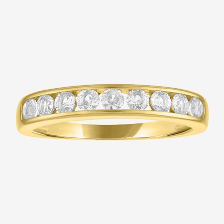 This Yes, Please! sparkling band offers an elegant everyday jewelry piece for incredible value. Crafted from 14K Yellow Gold Over Silver, this band comes channel set with 9 round-cut Lab-Grown White Sapphires. Ring Style: BandsFeatures: In A Gift BoxSetting: ChannelShape: RoundStone Cut: RoundMetal Color: YellowRing Gallery Height: 2.5mmBand Width: Care: Wipe CleanStone Type: 9 Lab Created SapphireAuthenticity: Lab Created StoneMetal: 14k Gold Over SilverCountry of Origin: Imported Rings Bands, Silver Design, 7 Rings, Ring Style, Channel Set, Yes Please, White Sapphire, Everyday Jewelry, Jewellery And Watches