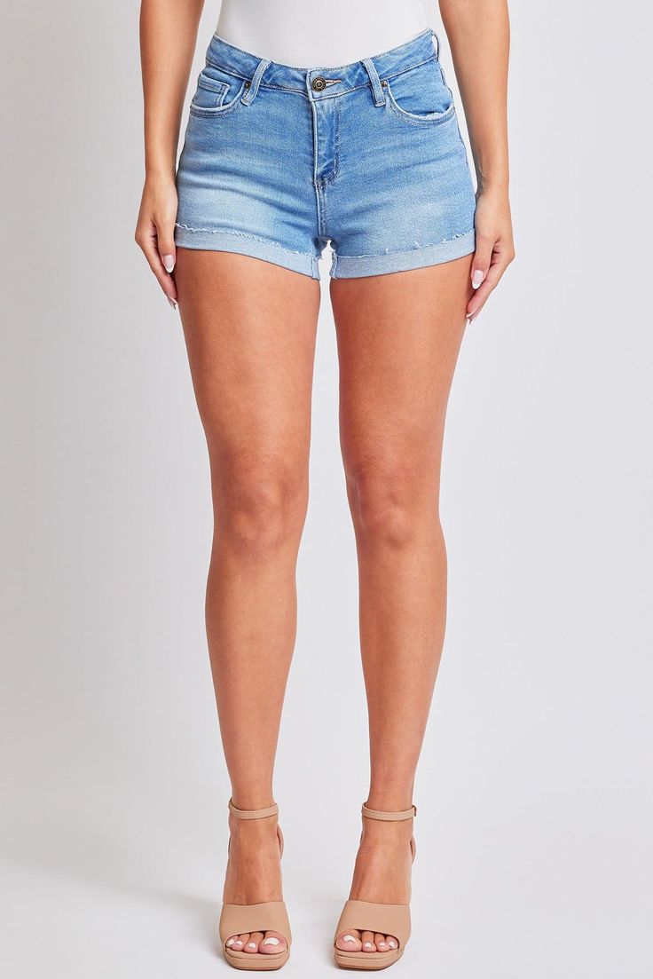 Unleash your inner fashionista with these Women's Mid Rise Raw Edge Cuff Denim Shorts! Made with high-quality denim, these shorts feature a trendy raw edge cuff and a flattering mid rise fit. Perfect for any summer outing, these shorts will keep you feeling comfortable and stylish all day long. Don't miss out, get yours now! Product Details- Mid Rise- Zip Fly with Button Closure - Basic 5 Pocket Construction- Cuffed Denim ShortSize & Fit (Based on Size 5)- Inseam Cuffed: 3" - Rise: 9"- Leg Openi Summer Jeans With Rolled Hem In Medium Wash, Rolled Hem Cutoff Denim Bottoms, Denim Cutoff Bottoms With Rolled Hem, Summer Medium Wash Jean Shorts With Rolled Hem, High Rise Rolled Hem Summer Jeans, Cotton Cutoff Jean Shorts With Rolled Hem, Trendy High Waist Jean Shorts With Rolled Hem, Spring Jean Shorts With Rolled Hem In Medium Wash, Denim Jean Shorts With Rolled Hem For Summer