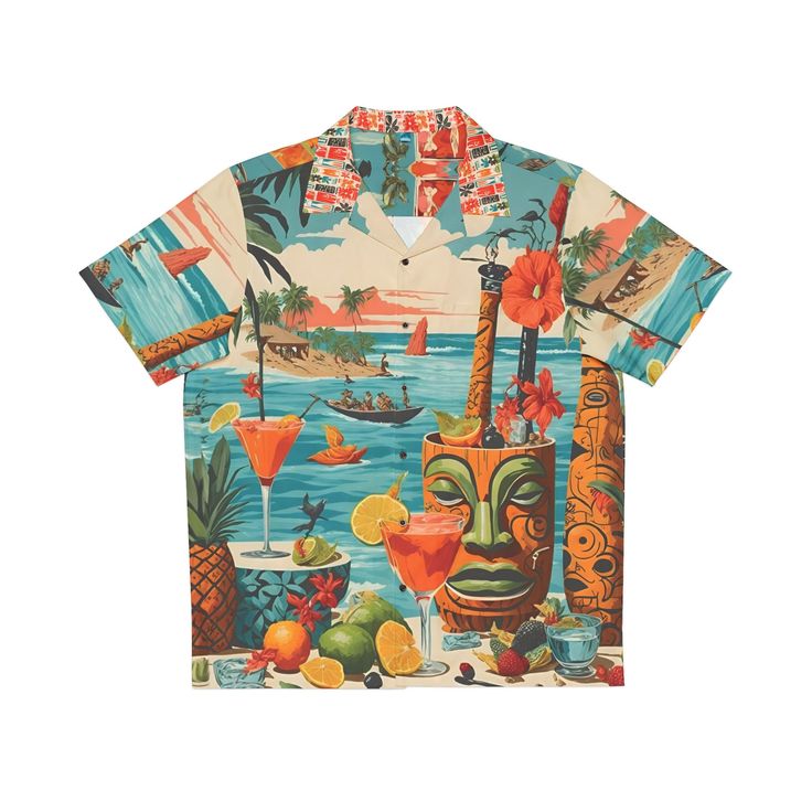 In true Art Boutiki fashion we are rolling our our first ever Aloha shirt just as the summer is ending. Regardless, this is a cool item to have or to give as a gift to the faithful Art Boutiki fan. This full color design was done in-house by design ninjas all our own. Yes, the material is polyester, but as we work our way along the area of garments beyond t-shirts this is what we can produce at an affordable price. This item   S M L XL 2XL 3XL 4XL 5XL Length, in 28.35 29.33 30.31 31.30 32.28 33.27 34.25 35.24 Width, in 20.47 22.44 24.41 26.38 28.35 30.31 32.28 34.25   is printed on demand and shipped from China, so please allow extra time for delivery, roughly two weeks. .: Material: 95% polyester, 5% spandex\n.: Sewn-in label\n.: Medium fabric (7.23 oz/yd²(245 g/mn.: Boxy fit\n.: Chest po Cotton T-shirt With All Over Print For Vacation, Multicolor Hawaiian T-shirt For Beach Season, Relaxed Fit T-shirt With Camp Collar For Vacation, Fun Summer Hawaiian Shirt With Short Sleeves, Hawaiian Cotton Shirt With Sublimation Print, Fun Short Sleeve Hawaiian Shirt For Summer, Retro Multicolor T-shirt For Vacation, Vacation T-shirt With Relaxed Fit And Camp Collar, Tropical Multicolor T-shirt For Vacation