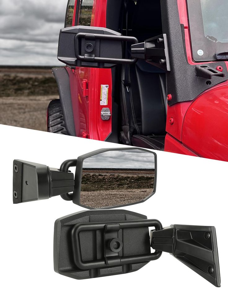 the side view mirror on a red jeep