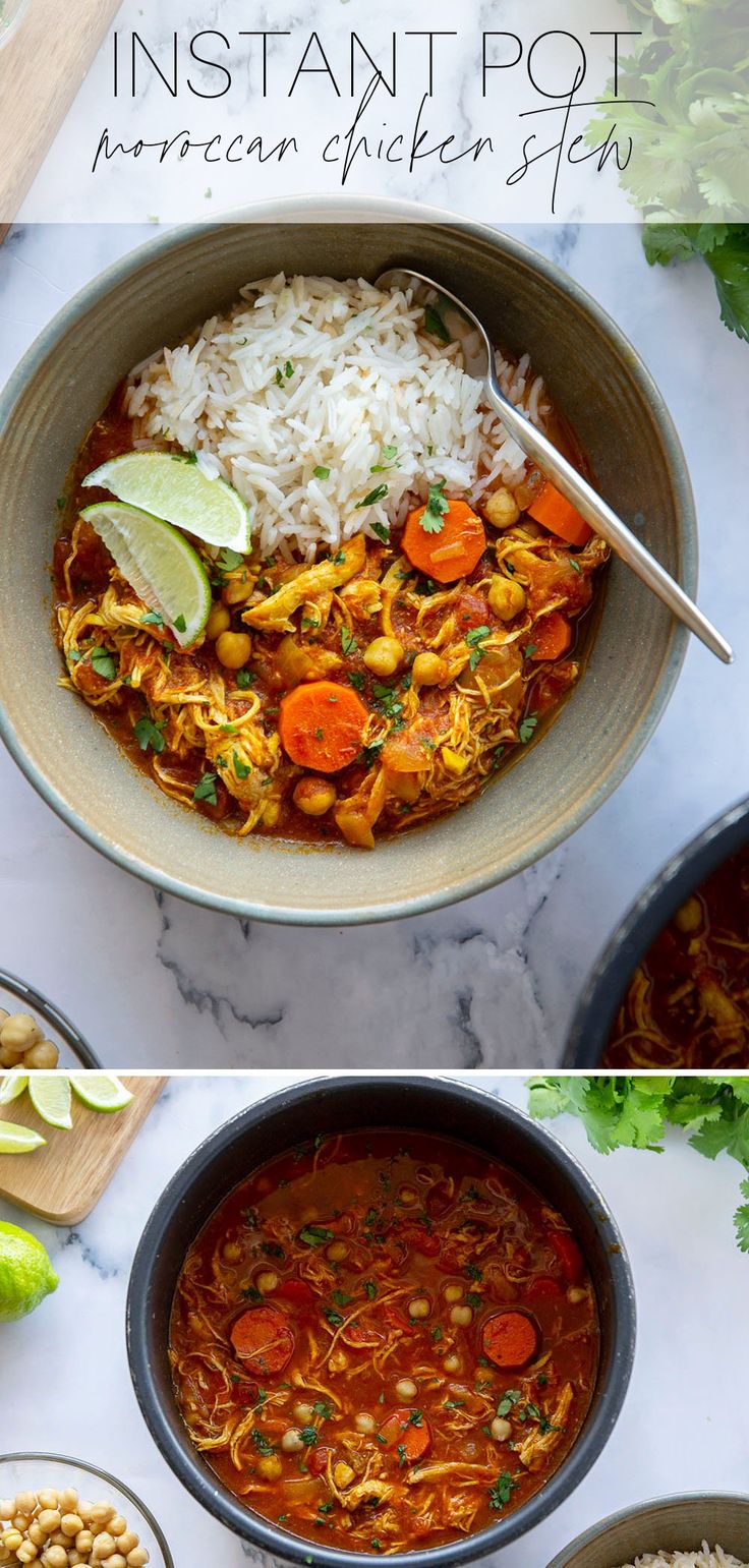 the instant pot mexican chicken stew is ready to be eaten with rice and cilantro