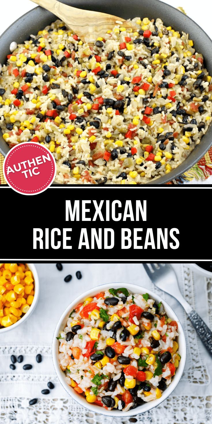 mexican rice and beans in a skillet with text overlay that reads, mexican rice and beans