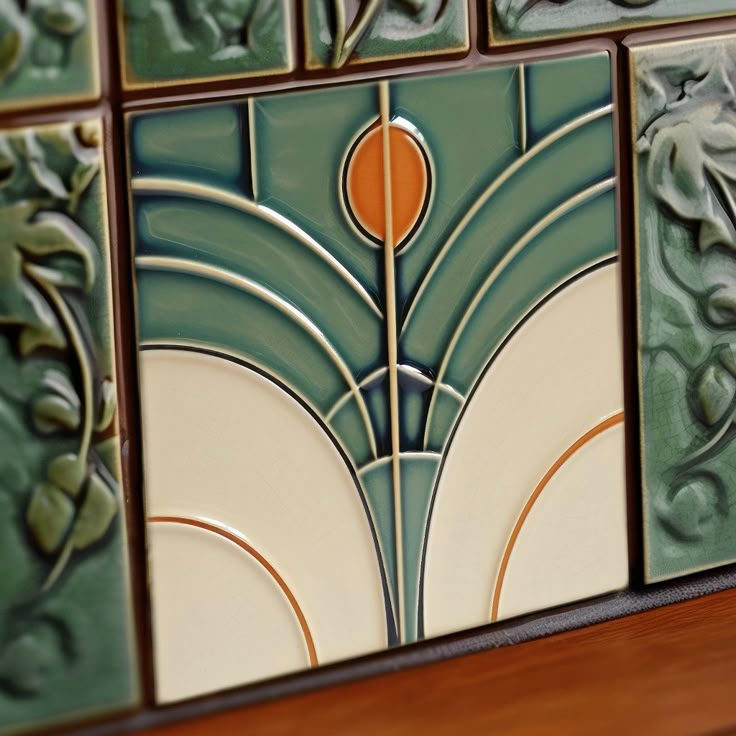 decorative tiles on the wall in an art deco style design, with orange and green accents