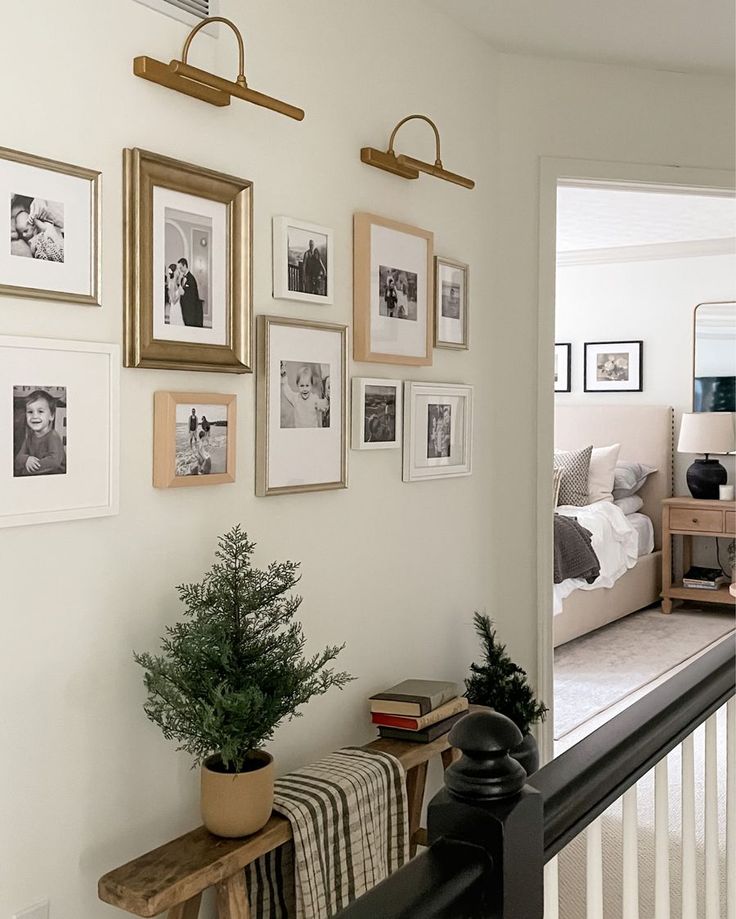 there are many pictures hanging on the wall in this living room, and one is holding a potted plant