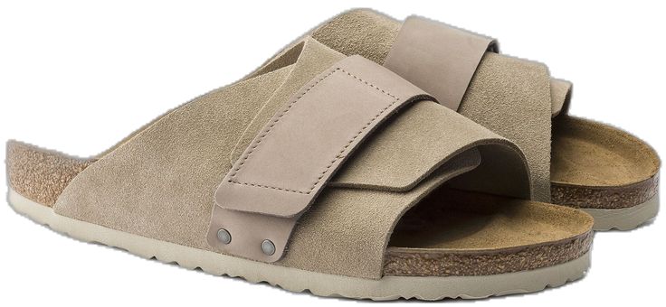 Casual Slip-on Footbed Sandals With Suede Lining, Suede Slip-on Slippers With Buckle Closure, Beige Leather Slip-on Footbed Sandals, Beige Suede Mules With Textured Footbed, Everyday Leather Slip-on Slides, Comfortable Suede Slip-on Slides, Beige Leather Slides With Leather Footbed, Suede Slides With Round Toe And Suede Lining, Everyday Leather Slippers With Cushioned Footbed