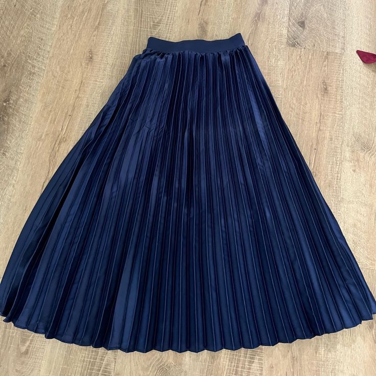 Never Worn Winter Blue Pleated Skirt, Blue Lined Pleated Skirt For Fall, Blue Fitted Pleated Skirt For Fall, Fitted Blue Pleated Skirt For Fall, Blue Long Skirt For Winter, Blue Pleated Bottoms For Fall, Fall Blue Full Skirt, Blue Chic Full Pleated Skirt, Blue Full Skirt For Fall