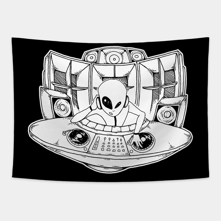 an alien with headphones on in front of a boombox and sound equipment, black and white