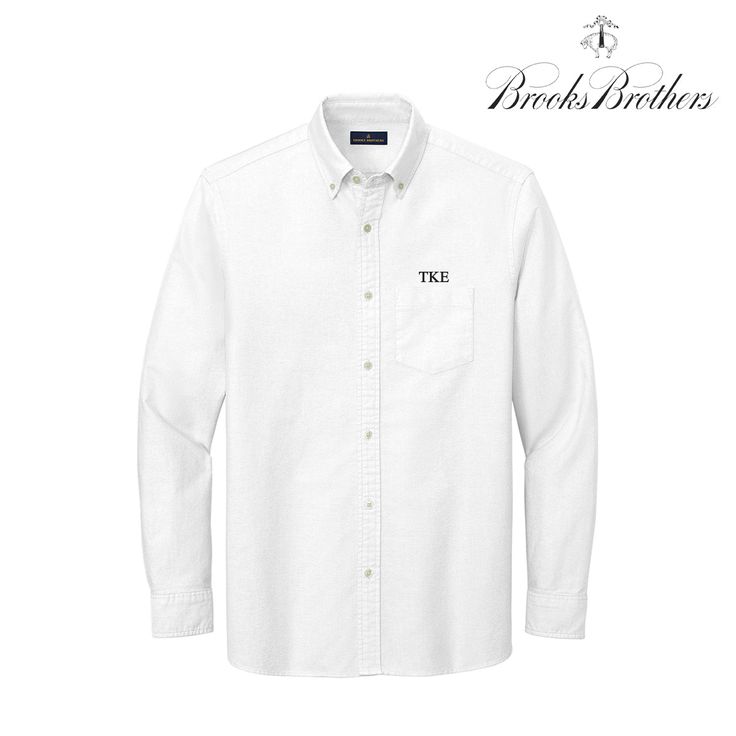 a white button up shirt with the words brooks brothers written in black ink on it